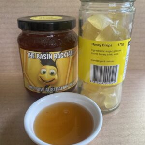 Jars of honey and honey drops.