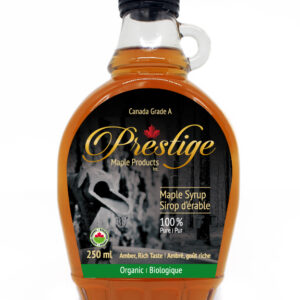 250ml glass bottle of Prestige Brand Organic Maple Syrup